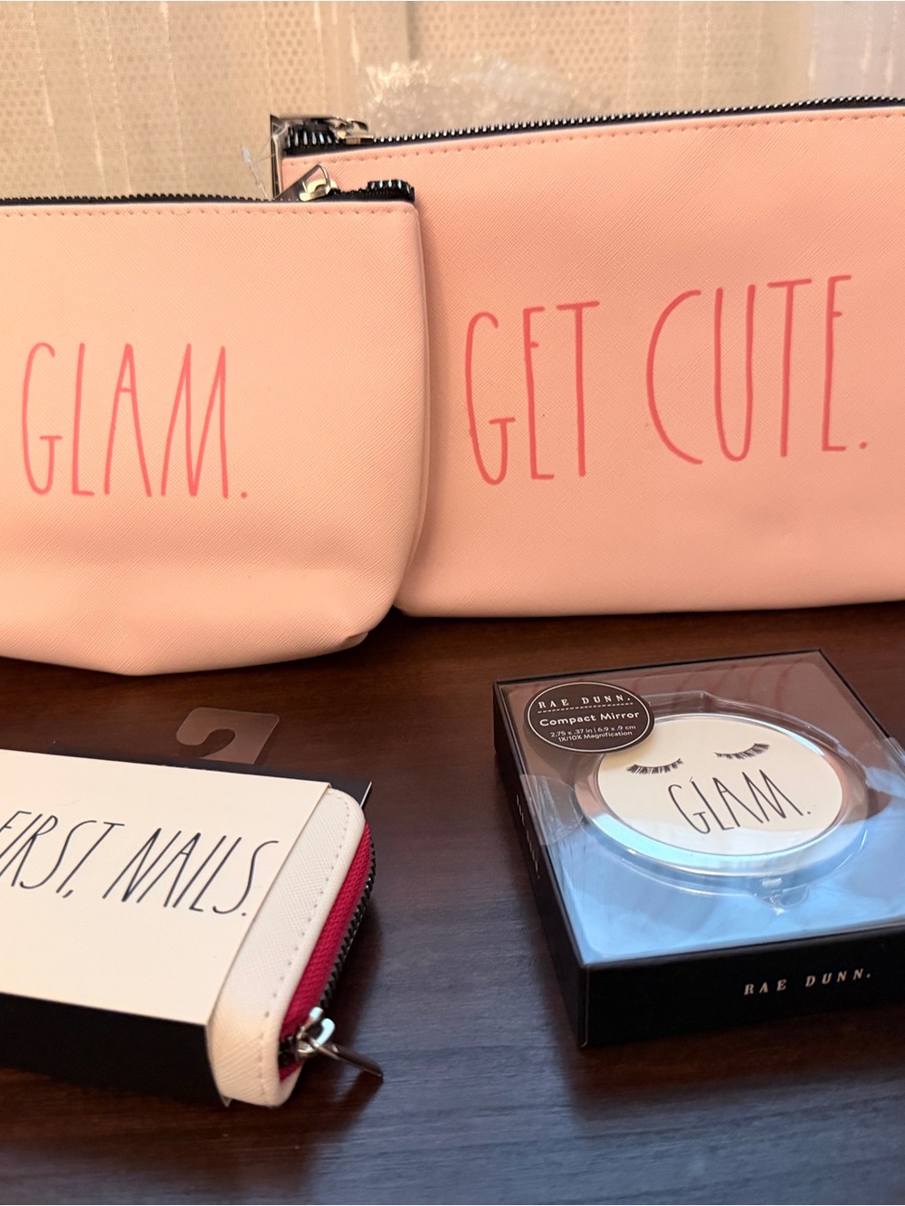 Rae Dunn Pink 'Get Cute' Cosmetic Pouch, Mirror & Manicure Set